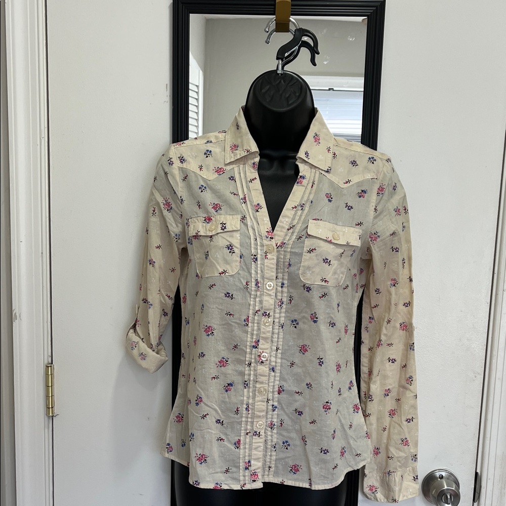 Miley Cyrus & Max Azria Floral Button Down Shirt - Cream with Pink and Purple